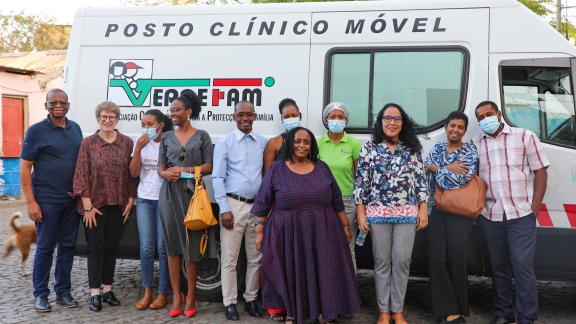 IPPF Board of Trustee Chair Kate Gilmore and Marie-Evelyne Petrus-Barry, IPPFAR Regional director visiting a mobile clinic in Cape Verde